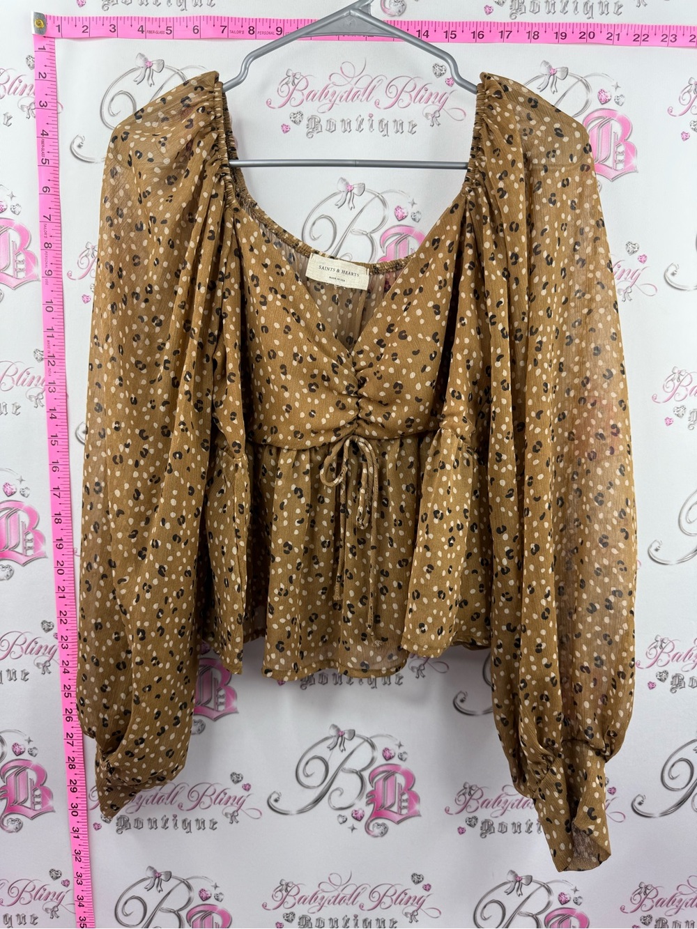 SAINTS & HEARTS Light Brown Printed Peasant Blouse Tie Front and Balloon Sleeves